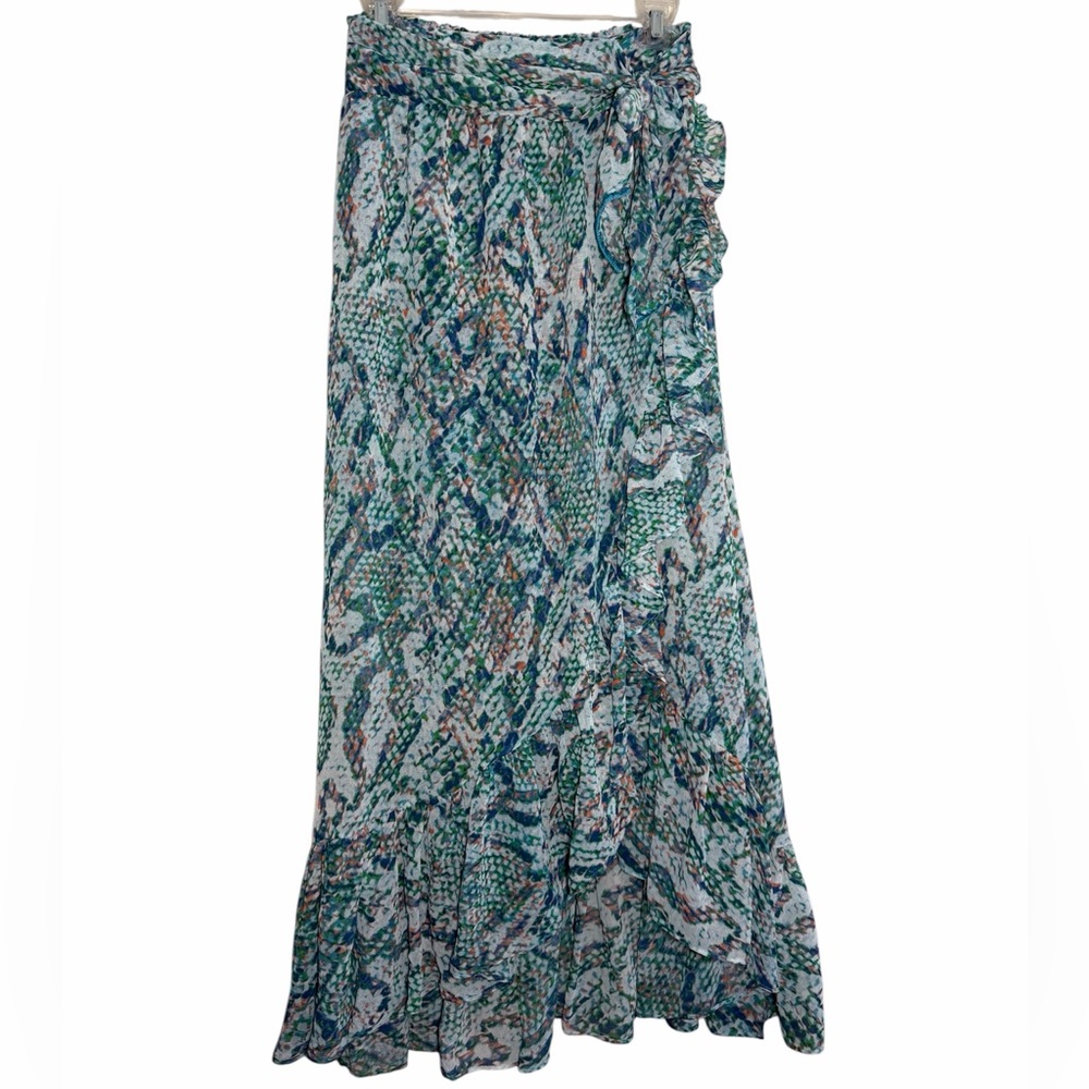 Ramy Brook Blue Multi Snake Print Faux Wrap Ruffle Swim Cover Up Maxi Skirt S - Picture 3 of 9